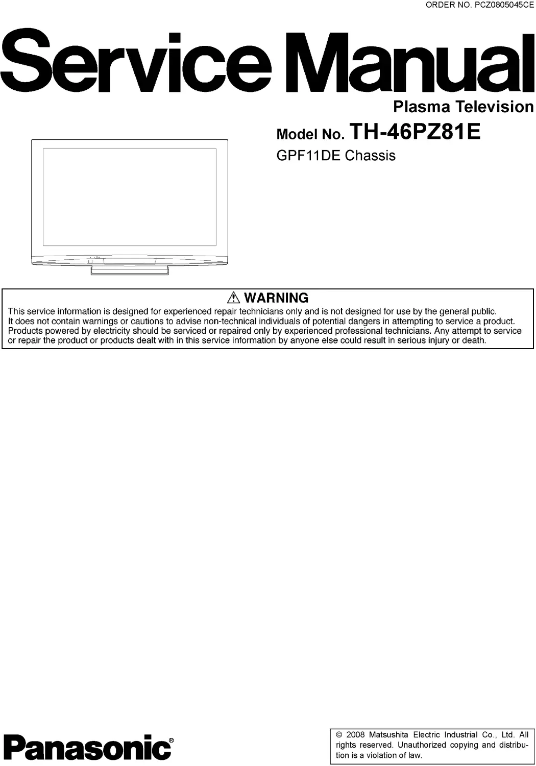 Panasonic th 46pz81e service manual cover with photo of the television, TV type, chassis code, model code, creation date and document number