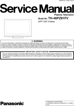 Panasonic th 46pz81fv service manual cover with photo of the television, TV type, chassis code, model code, creation date and document number