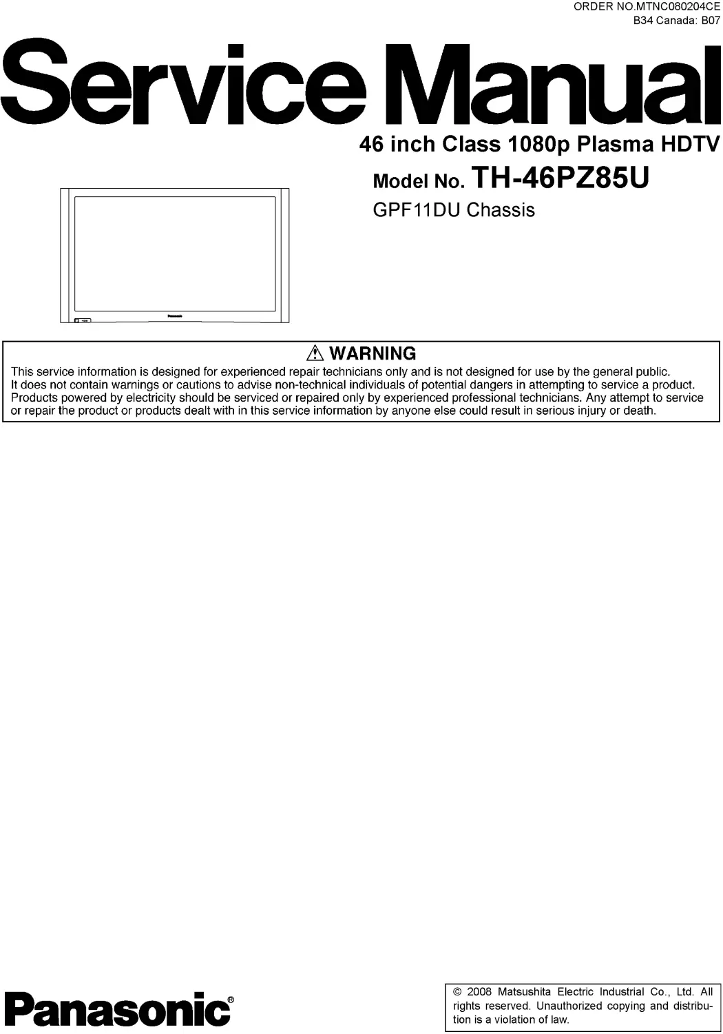 Panasonic th 46pz85u service manual cover with photo of the television, TV type, chassis code, model code, creation date and document number