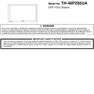 Panasonic th 46pz85ua service manual cover with photo of the television, TV type, chassis code, model code, creation date and document number