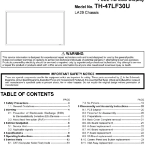 Panasonic th 47lf30u service manual cover with photo of the television, TV type, chassis code, model code, creation date and document number