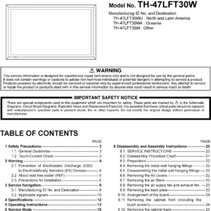 Panasonic th 47lft30w service manual cover with photo of the television, TV type, chassis code, model code, creation date and document number