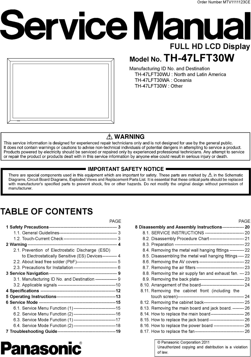 Panasonic th 47lft30w service manual cover with photo of the television, TV type, chassis code, model code, creation date and document number