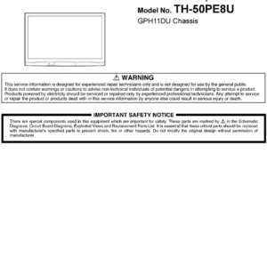 Panasonic th 50pe8u service manual cover with photo of the television, TV type, chassis code, model code, creation date and document number