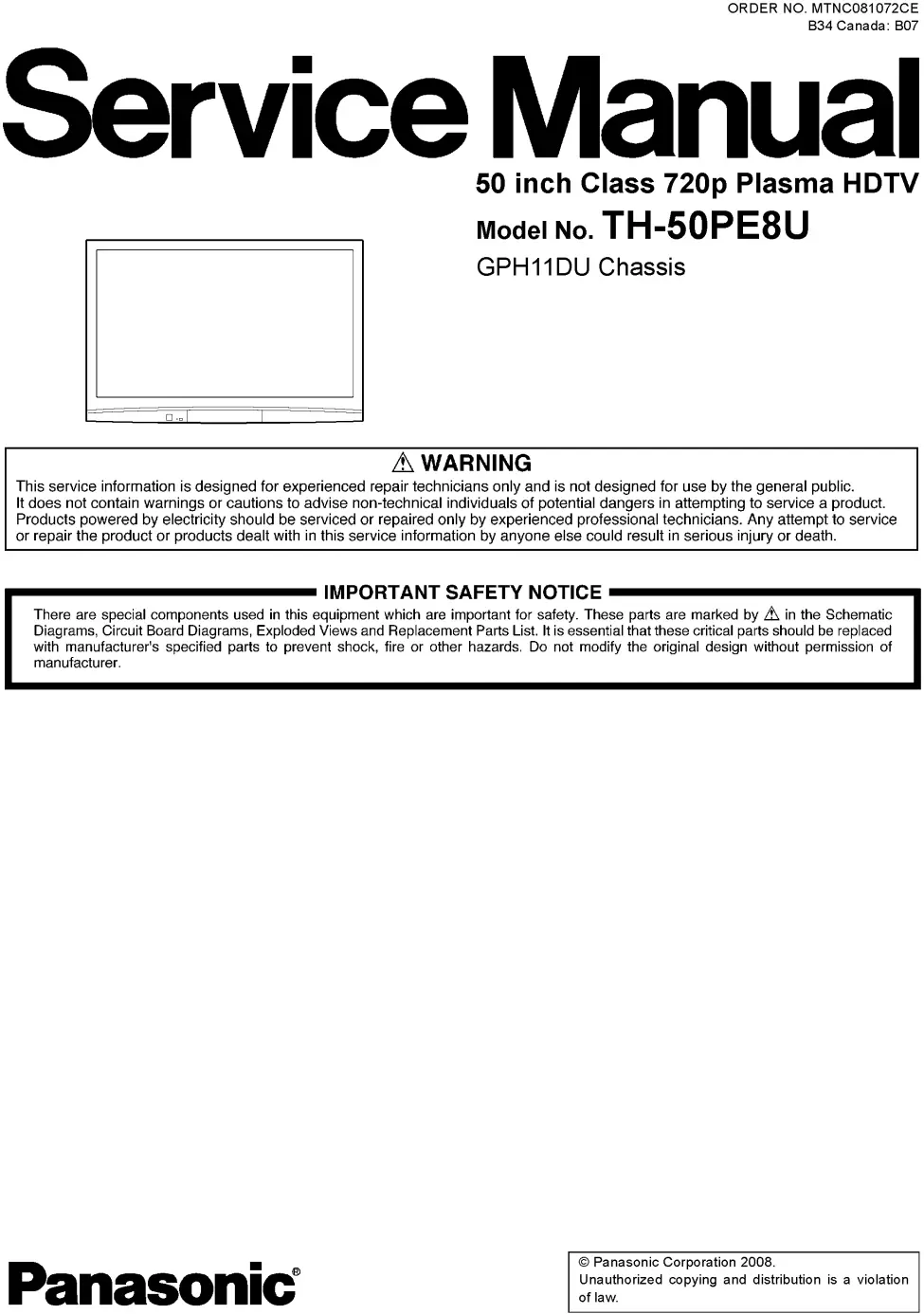 Panasonic th 50pe8u service manual cover with photo of the television, TV type, chassis code, model code, creation date and document number