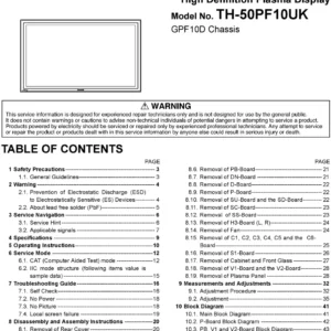 Panasonic th 50pf10uk service manual cover with photo of the television, TV type, chassis code, model code, creation date and document number