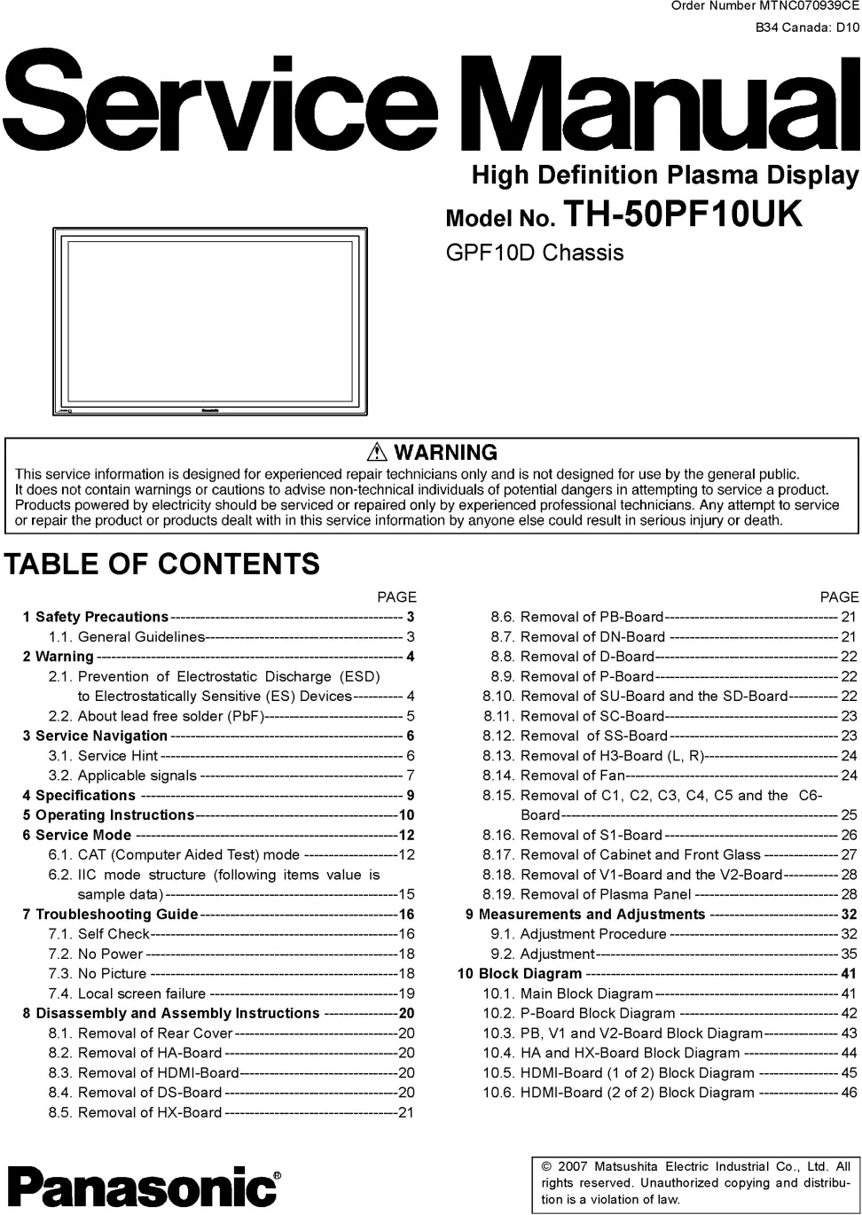 Panasonic th 50pf10uk service manual cover with photo of the television, TV type, chassis code, model code, creation date and document number