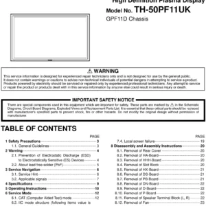 Panasonic th 50pf11uk service manual cover with photo of the television, TV type, chassis code, model code, creation date and document number