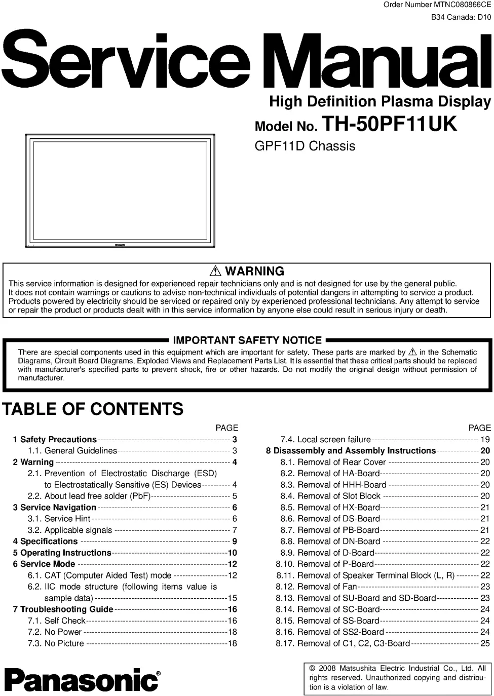 Panasonic th 50pf11uk service manual cover with photo of the television, TV type, chassis code, model code, creation date and document number