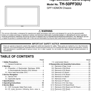 Panasonic th 50pf30u service manual cover with photo of the television, TV type, chassis code, model code, creation date and document number
