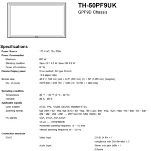 Panasonic th 50pf9uk service manual cover with photo of the television, TV type, chassis code, model code, creation date and document number