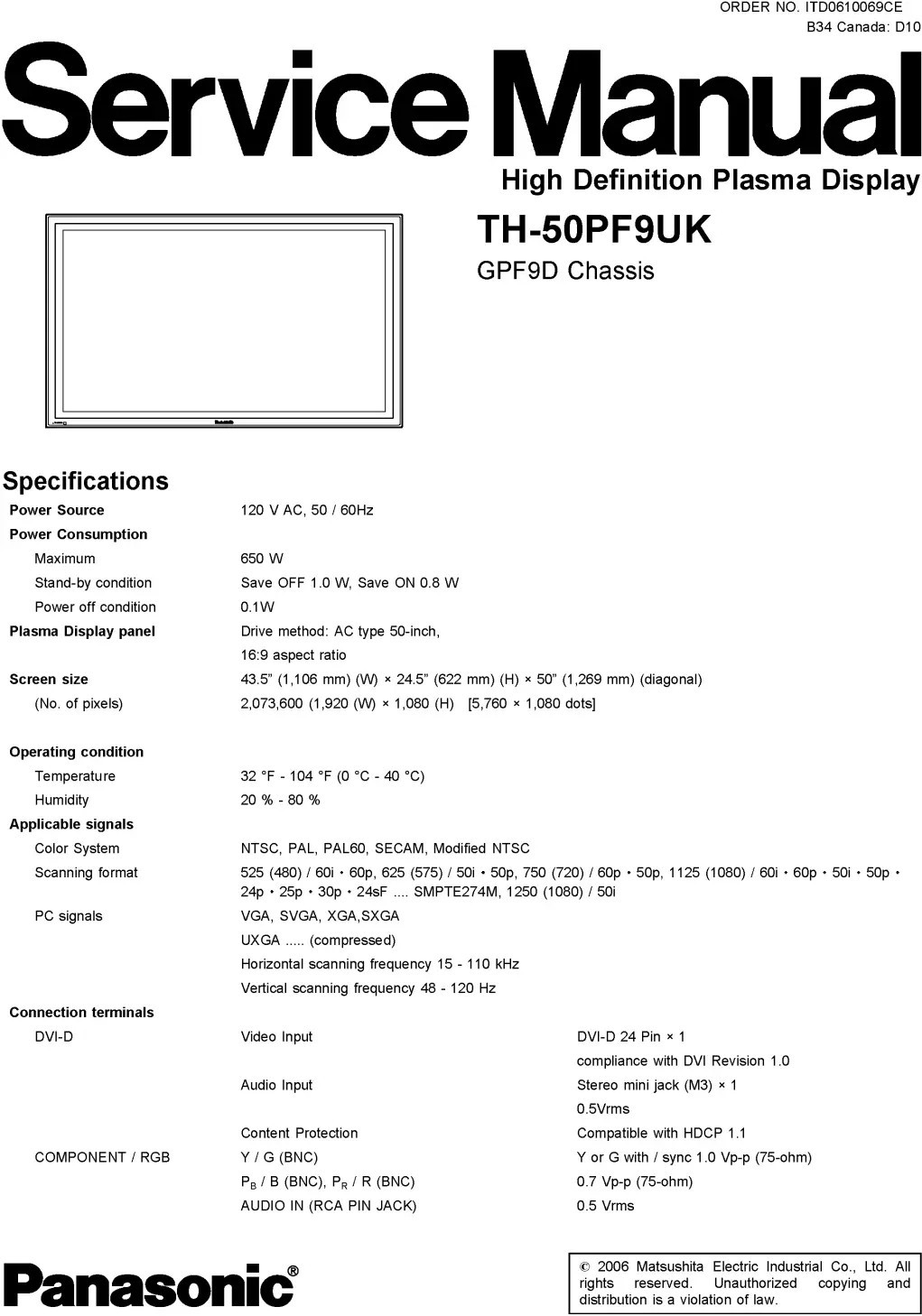 Panasonic th 50pf9uk service manual cover with photo of the television, TV type, chassis code, model code, creation date and document number