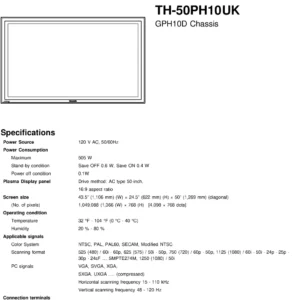 Panasonic th 50ph10uk service manual cover with photo of the television, TV type, chassis code, model code, creation date and document number