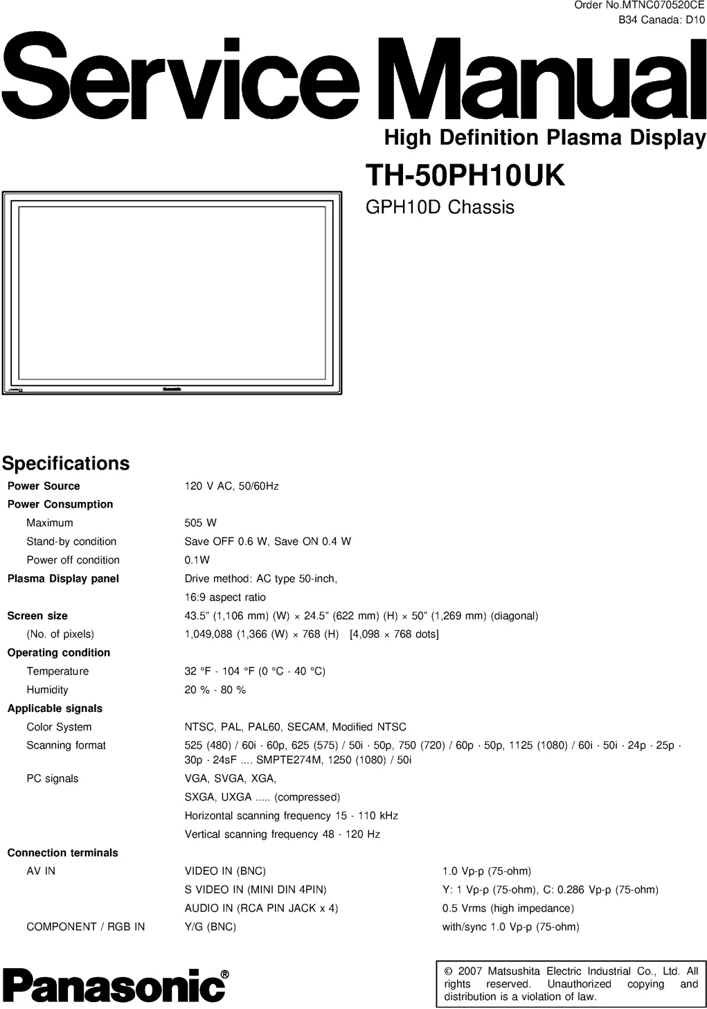 Panasonic th 50ph10uk service manual cover with photo of the television, TV type, chassis code, model code, creation date and document number