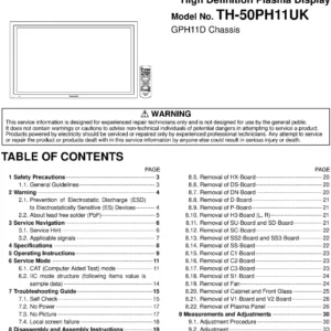 Panasonic th 50ph11uk service manual cover with photo of the television, TV type, chassis code, model code, creation date and document number