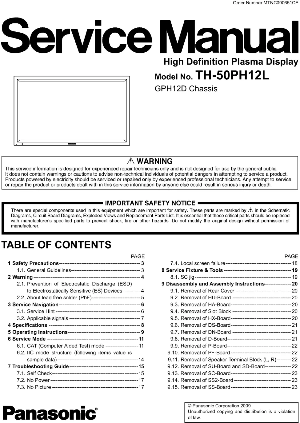 Panasonic th 50ph12l service manual cover with photo of the television, TV type, chassis code, model code, creation date and document number