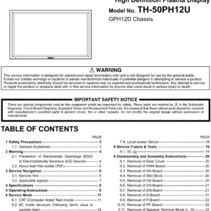 Panasonic th 50ph12u service manual cover with photo of the television, TV type, chassis code, model code, creation date and document number