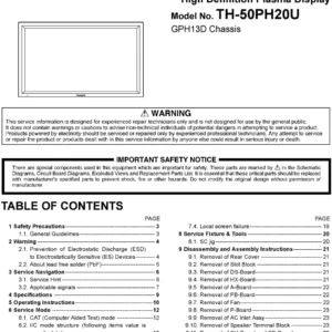 Panasonic th 50ph20u service manual cover with photo of the television, TV type, chassis code, model code, creation date and document number