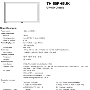 Panasonic th 50ph9uk service manual cover with photo of the television, TV type, chassis code, model code, creation date and document number