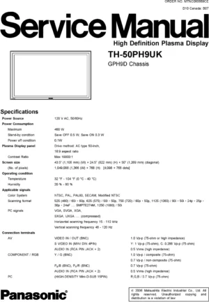 Panasonic th 50ph9uk service manual cover with photo of the television, TV type, chassis code, model code, creation date and document number