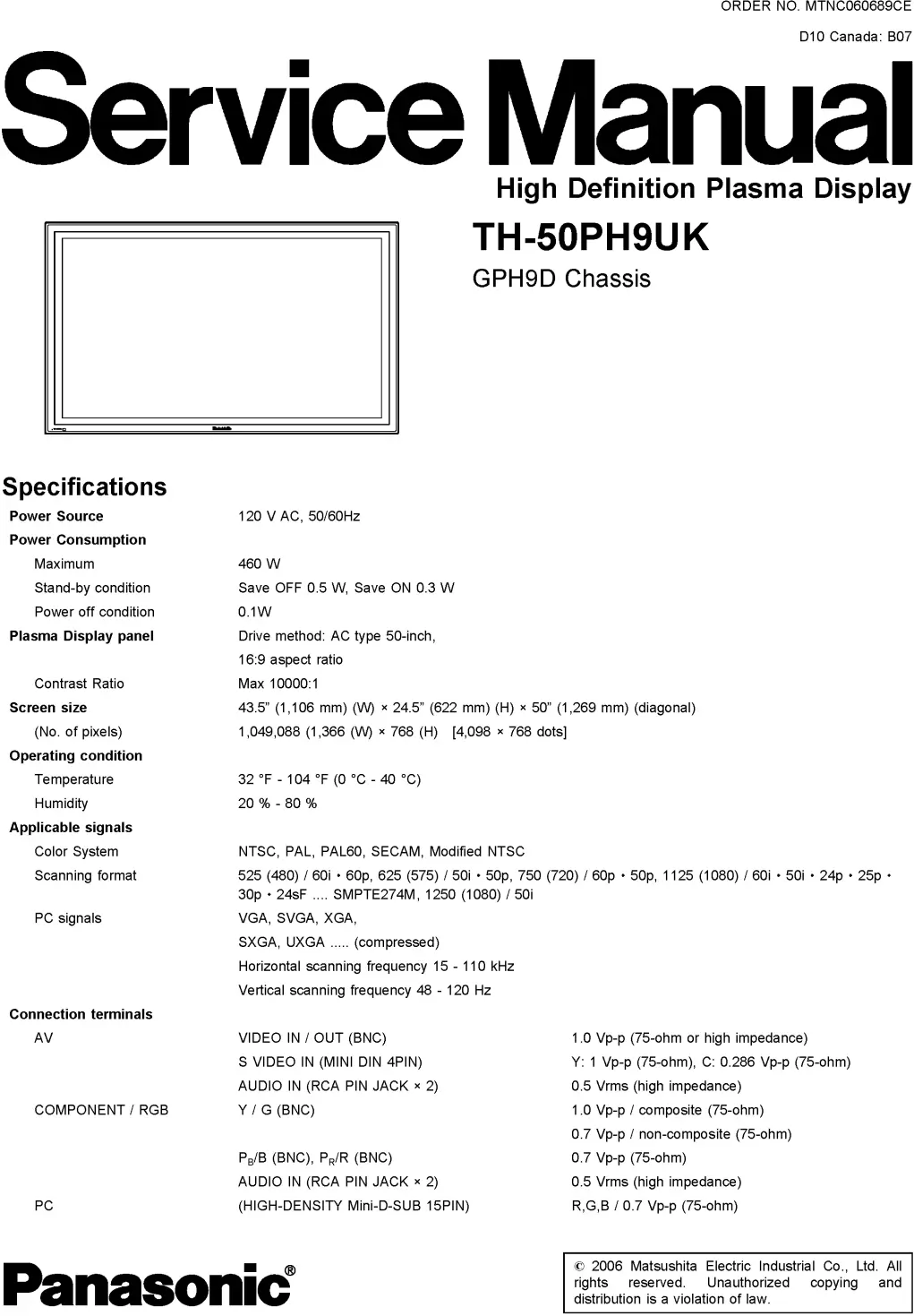 Panasonic th 50ph9uk service manual cover with photo of the television, TV type, chassis code, model code, creation date and document number