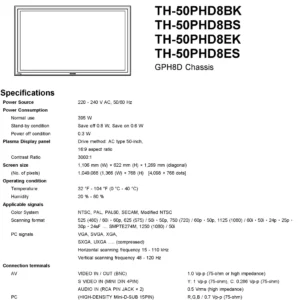 Panasonic th 50phd8 service manual cover with photo of the television, TV type, chassis code, model code, creation date and document number