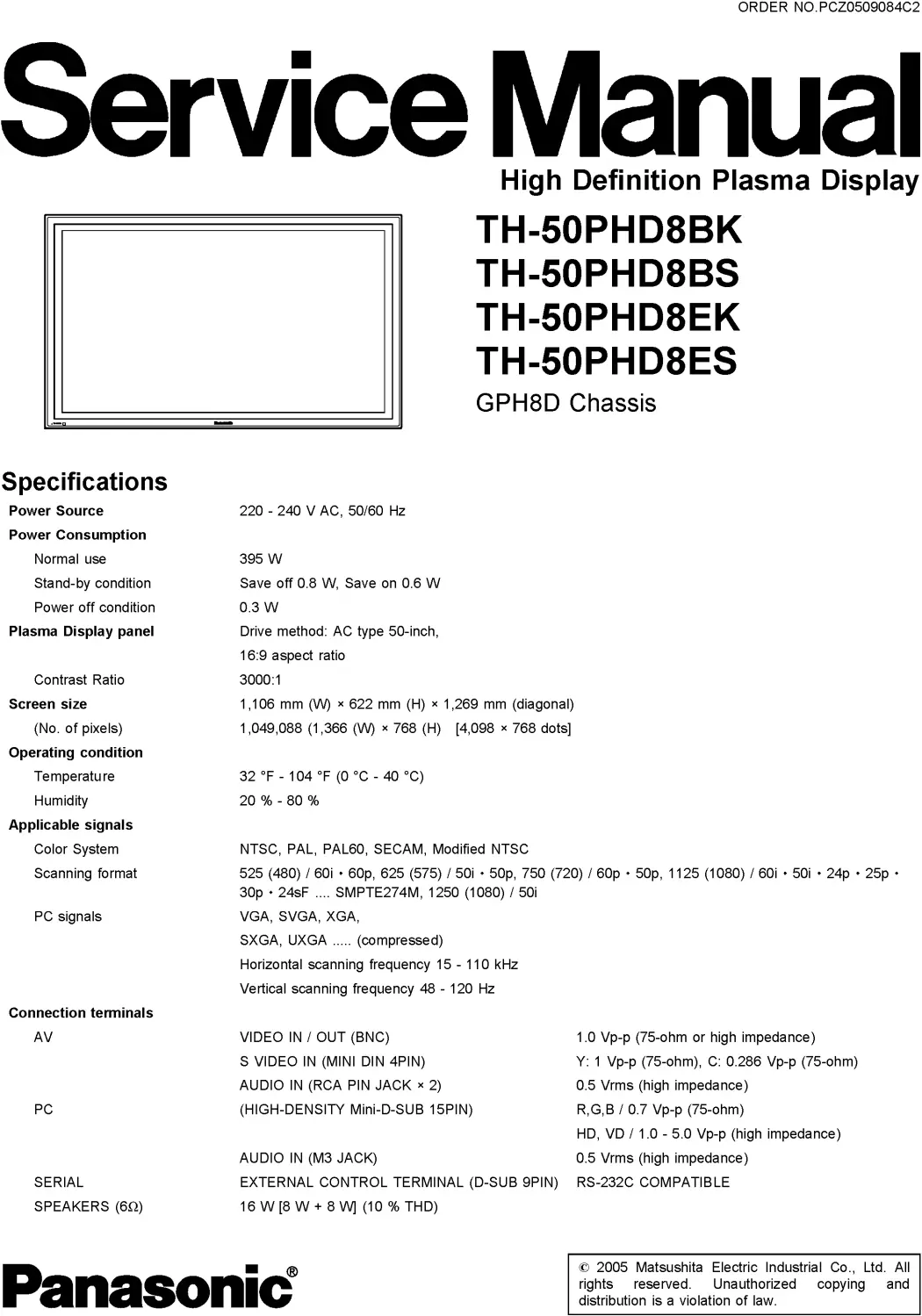 Panasonic th 50phd8 service manual cover with photo of the television, TV type, chassis code, model code, creation date and document number