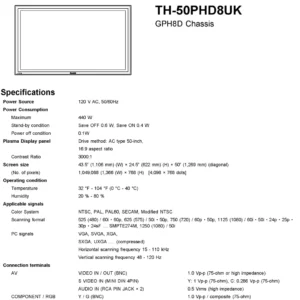 Panasonic th 50phd8uk service manual cover with photo of the television, TV type, chassis code, model code, creation date and document number
