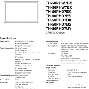 Panasonic th 50phw7 50phd7 service manual cover with photo of the television, TV type, chassis code, model code, creation date and document number