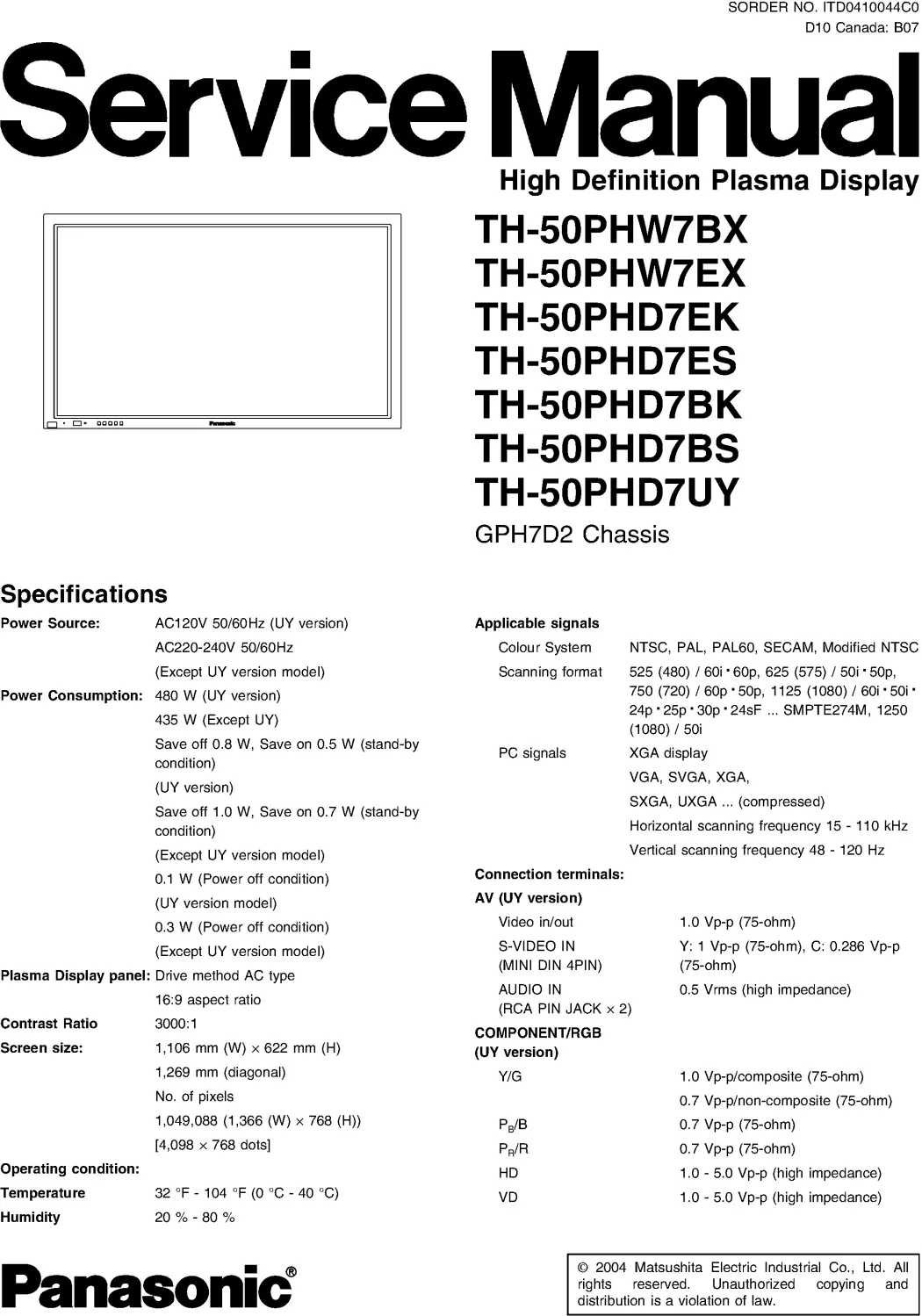Panasonic th 50phw7 50phd7 service manual cover with photo of the television, TV type, chassis code, model code, creation date and document number