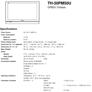 Panasonic th 50pm50u service manual cover with photo of the television, TV type, chassis code, model code, creation date and document number