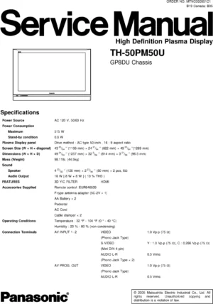 Panasonic th 50pm50u service manual cover with photo of the television, TV type, chassis code, model code, creation date and document number