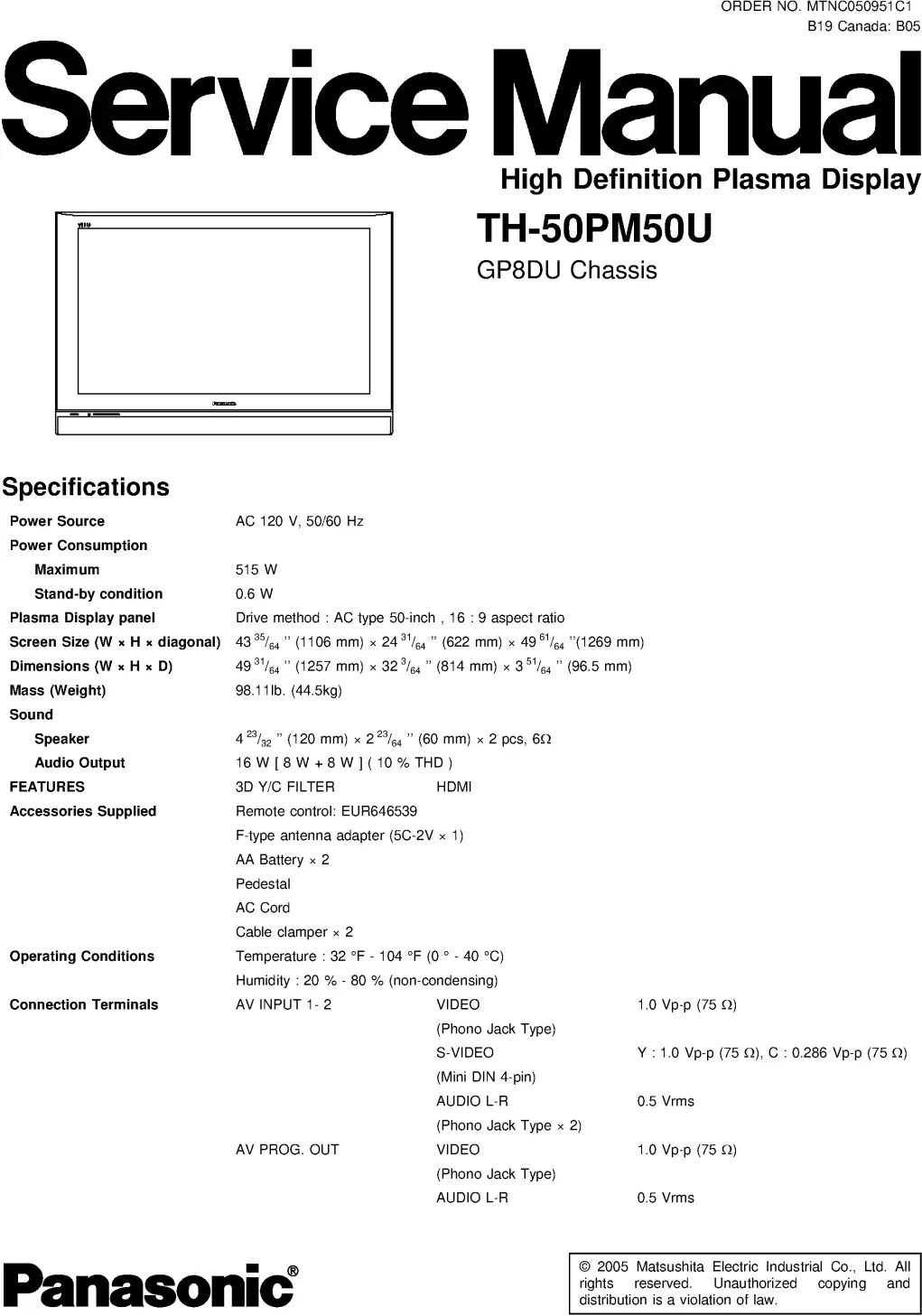 Panasonic th 50pm50u service manual cover with photo of the television, TV type, chassis code, model code, creation date and document number