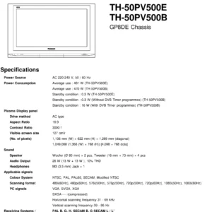 Panasonic th 50pv500 50pv500b 50pv500e service manual cover with photo of the television, TV type, chassis code, model code, creation date and document number