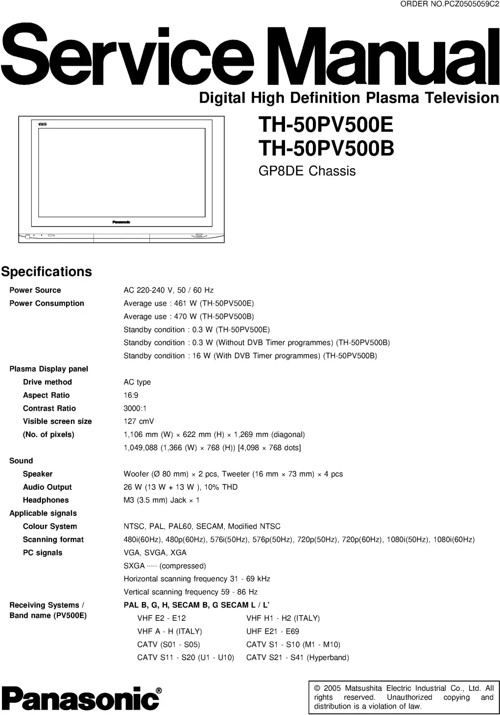 Panasonic th 50pv500 50pv500b 50pv500e service manual cover with photo of the television, TV type, chassis code, model code, creation date and document number