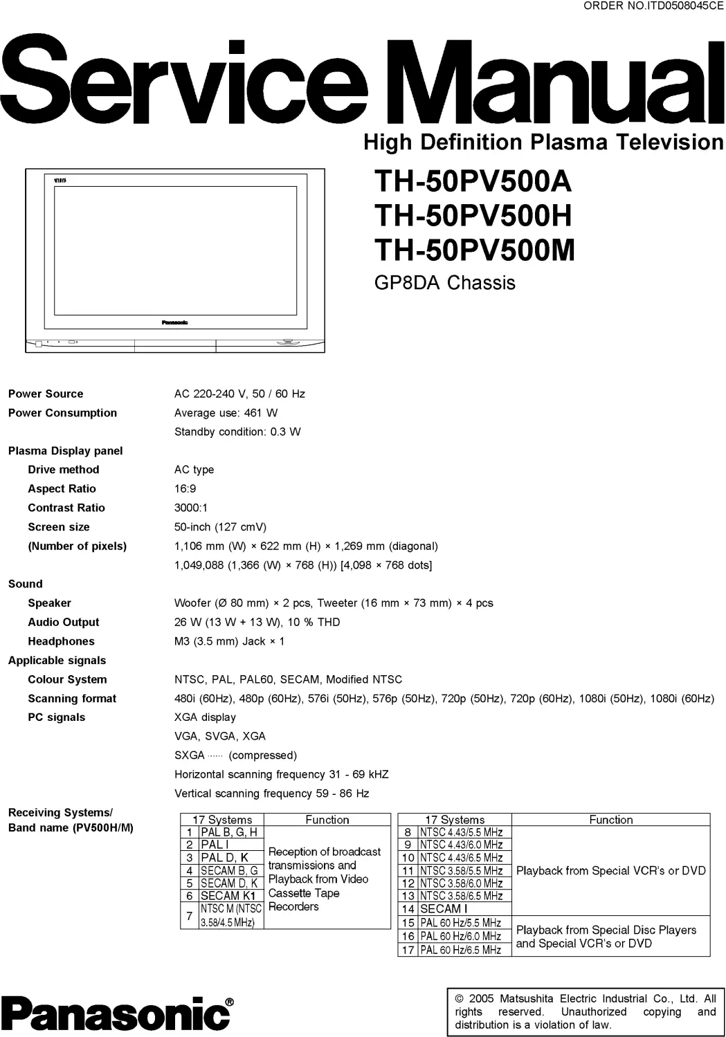 Panasonic th 50pv500 service manual cover with photo of the television, TV type, chassis code, model code, creation date and document number