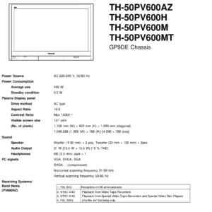 Panasonic th 50pv600 service manual cover with photo of the television, TV type, chassis code, model code, creation date and document number