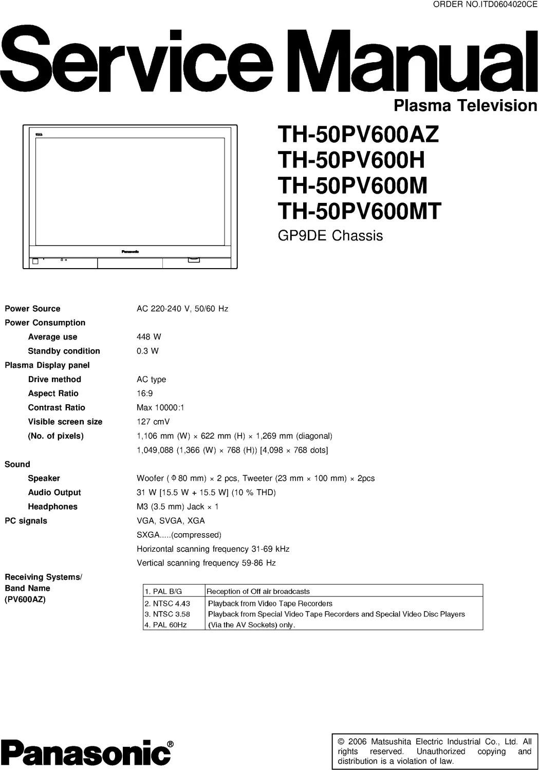 Panasonic th 50pv600 service manual cover with photo of the television, TV type, chassis code, model code, creation date and document number