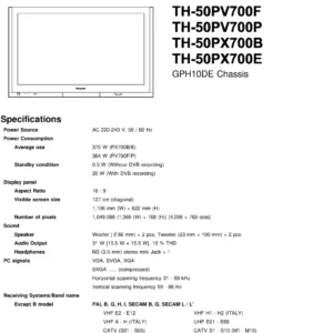 Panasonic th 50pv700f 50pv700p 50px700b 50px700e service manual cover with photo of the television, TV type, chassis code, model code, creation date and document number