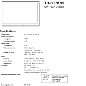 Panasonic th 50pv70l service manual cover with photo of the television, TV type, chassis code, model code, creation date and document number