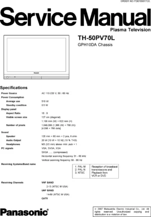Panasonic th 50pv70l service manual cover with photo of the television, TV type, chassis code, model code, creation date and document number