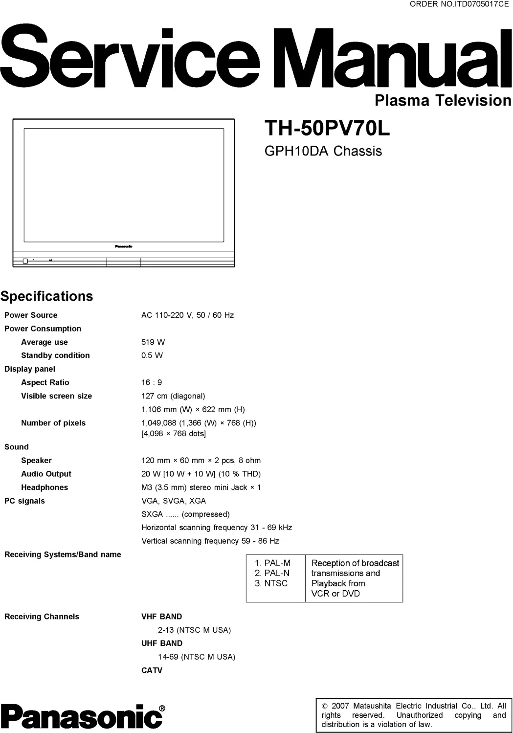 Panasonic th 50pv70l service manual cover with photo of the television, TV type, chassis code, model code, creation date and document number
