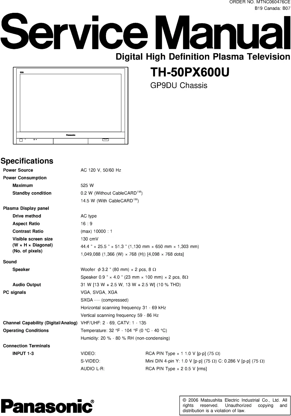 Panasonic th 50px600u service manual cover with photo of the television, TV type, chassis code, model code, creation date and document number