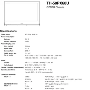 Panasonic th 50px60u service manual cover with photo of the television, TV type, chassis code, model code, creation date and document number