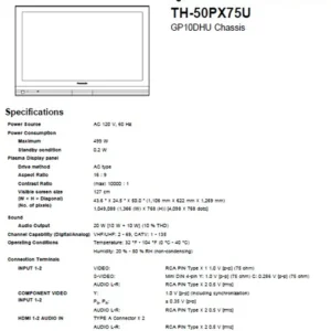 Panasonic th 50px75u service manual cover with photo of the television, TV type, chassis code, model code, creation date and document number