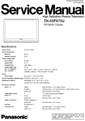 Panasonic th 50px75u service manual cover with photo of the television, TV type, chassis code, model code, creation date and document number