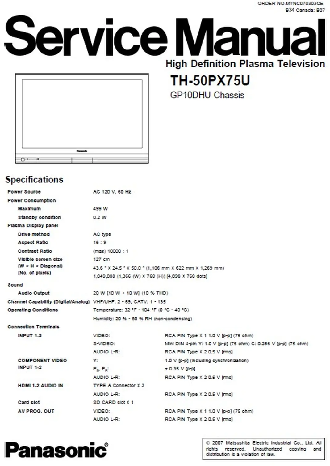 Panasonic th 50px75u service manual cover with photo of the television, TV type, chassis code, model code, creation date and document number