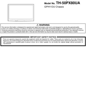 Panasonic th 50px80ua service manual cover with photo of the television, TV type, chassis code, model code, creation date and document number