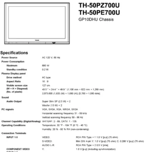 Panasonic th 50pz700u 50pe700u service manual cover with photo of the television, TV type, chassis code, model code, creation date and document number