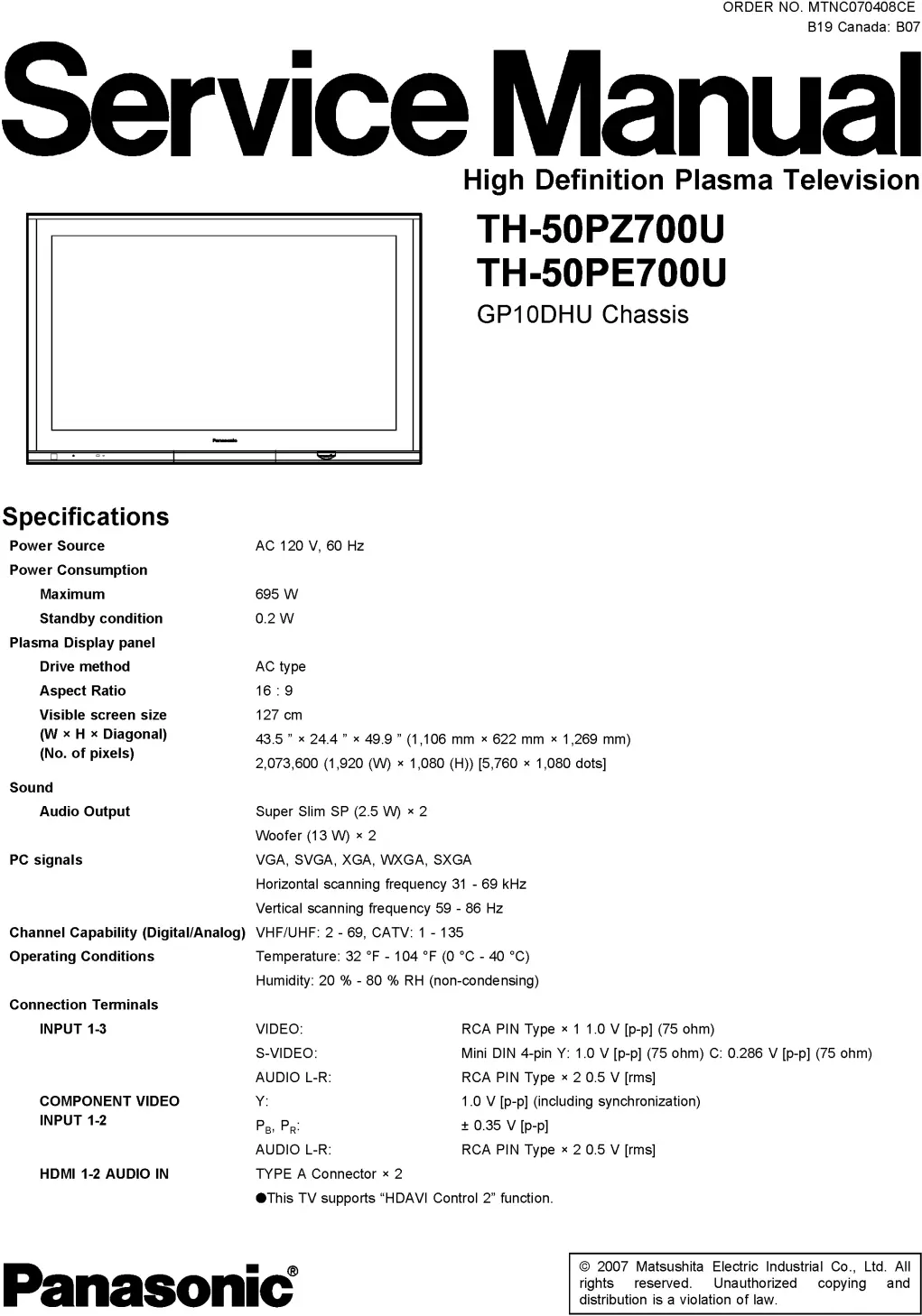Panasonic th 50pz700u 50pe700u service manual cover with photo of the television, TV type, chassis code, model code, creation date and document number